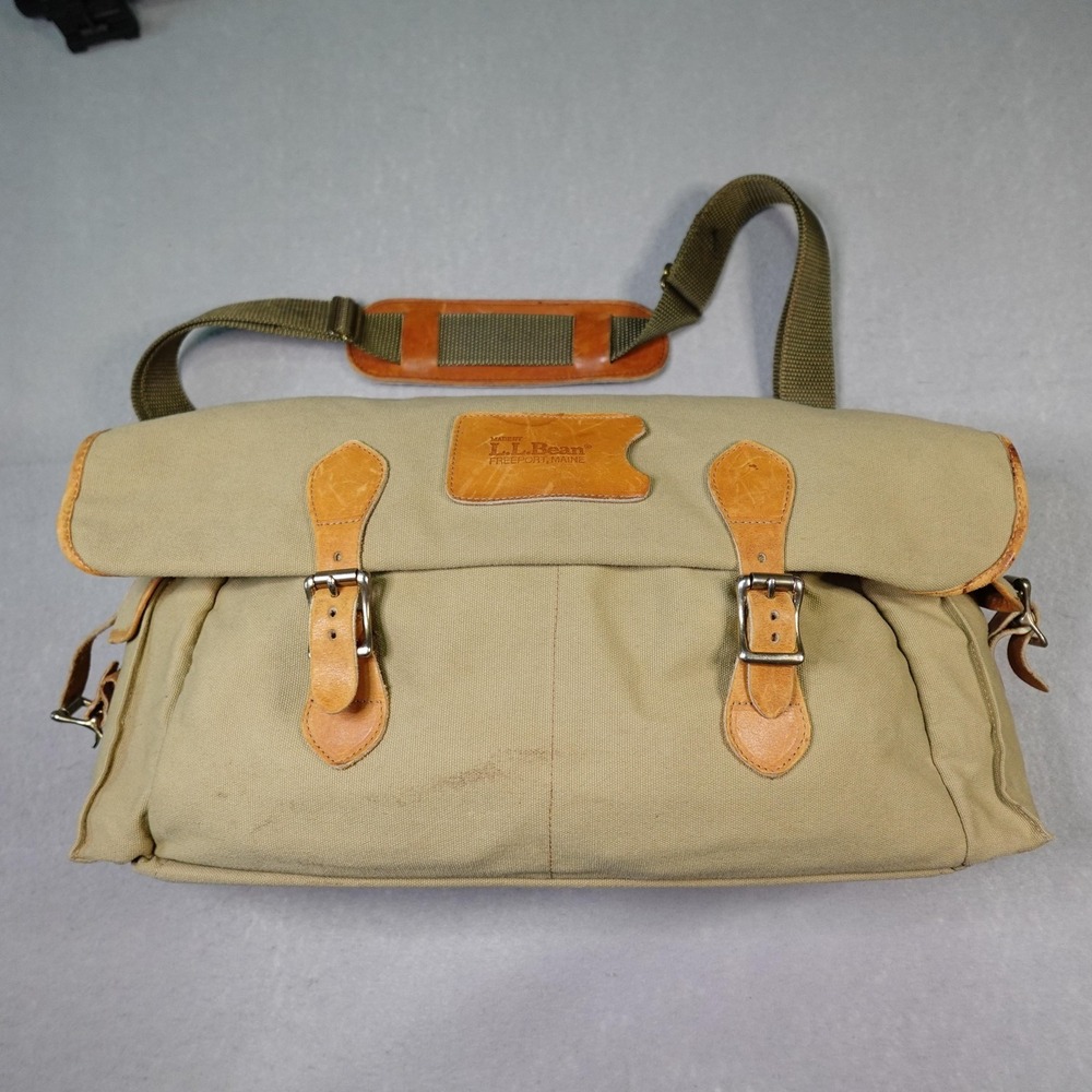 Vintage L.L.Bean Messenger Bag Mens Khaki Canvas Leather Trim Made in USA 90s